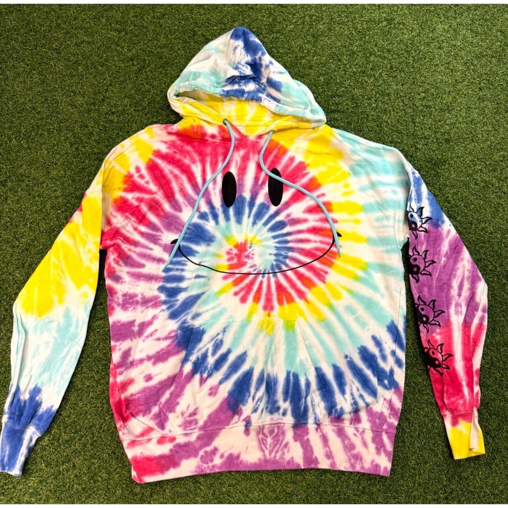 Tie Dye Hoodie Unisex L Multicolor Spiral Philcos Smiley Face‎ Cotton Drawstring